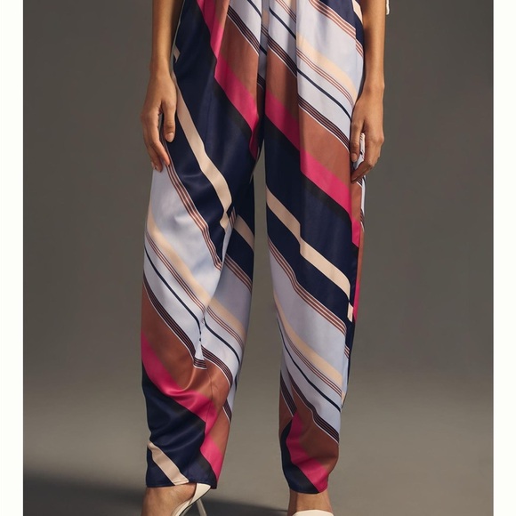By Anthropologie Silky Balloon Pants New ANTHRO Striped Slacks Pink Blue Cream - Picture 5 of 6